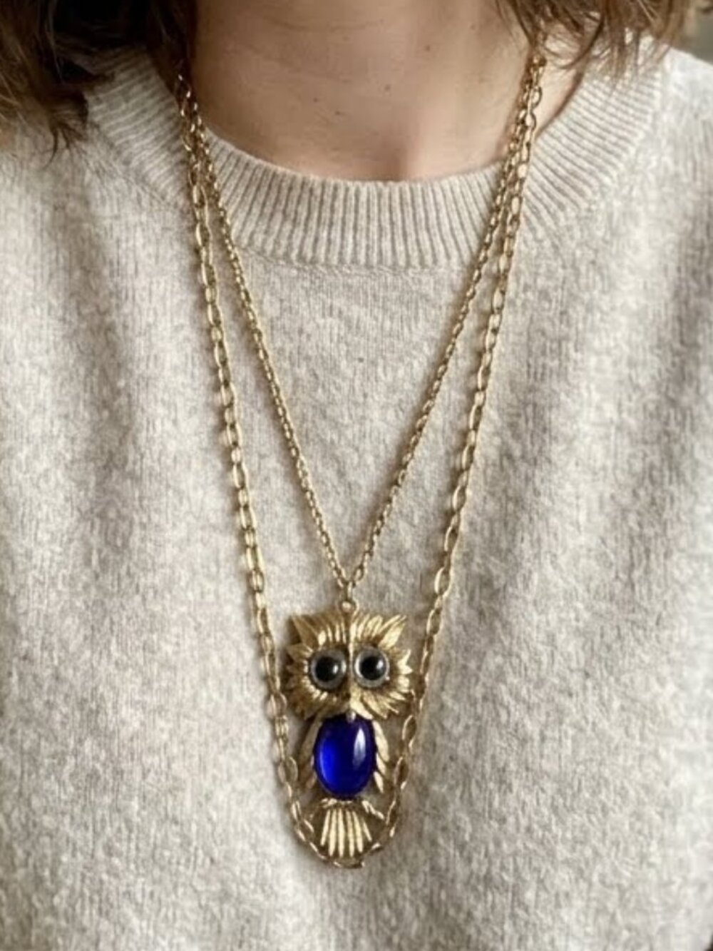 Blue Owl Necklace Drop Pendant Double Chain Women's Colorful Gemstone